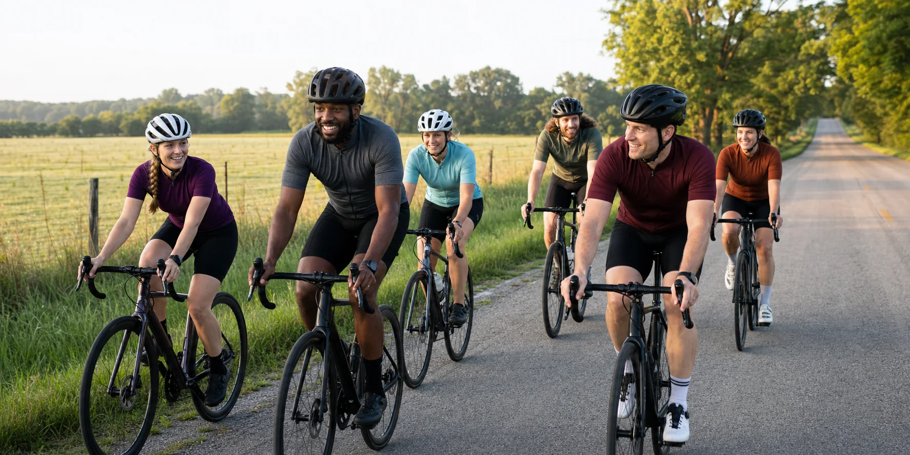 A diverse group of cyclists riding near Champaign